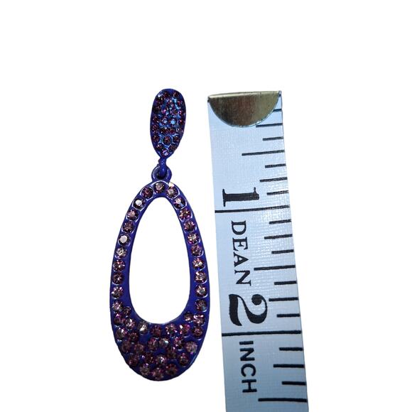 Oval Hoop Earrings Purple Rhinestones Posts - Picture 6 of 6